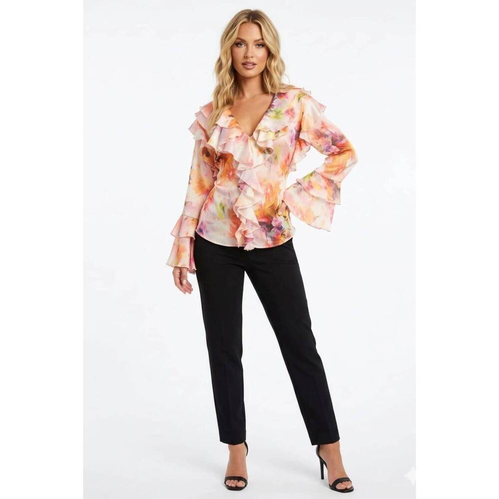 NEW HESTER & ORCHARD vibrant abstract floral ruffle statement blouse in multi